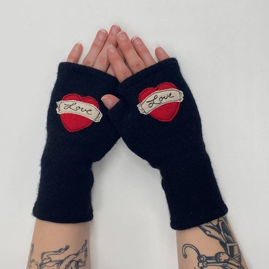 Fingerless Cashmere Gloves-Tattoo Heart Love: Red on Black / One Size Fits Most