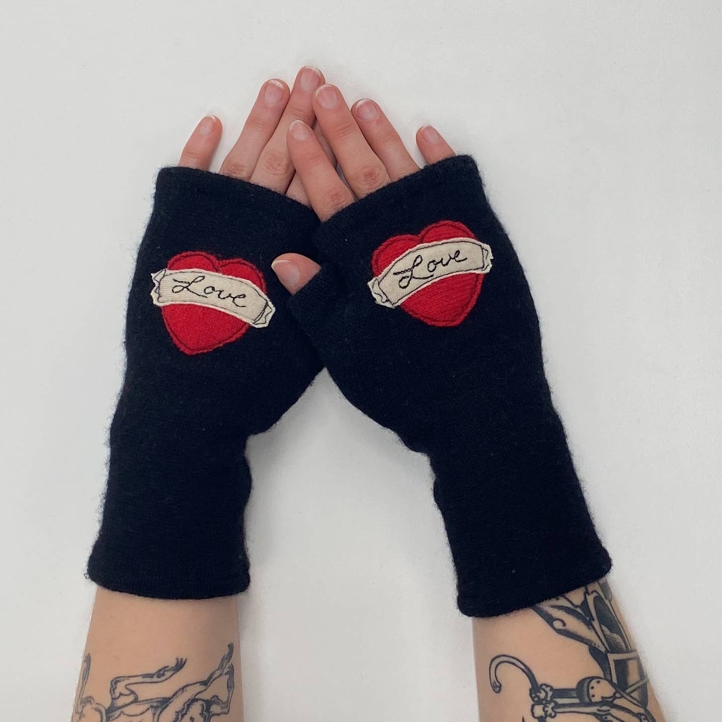 Fingerless Cashmere Gloves-Tattoo Heart Love: Red on Grey / One Size Fits Most