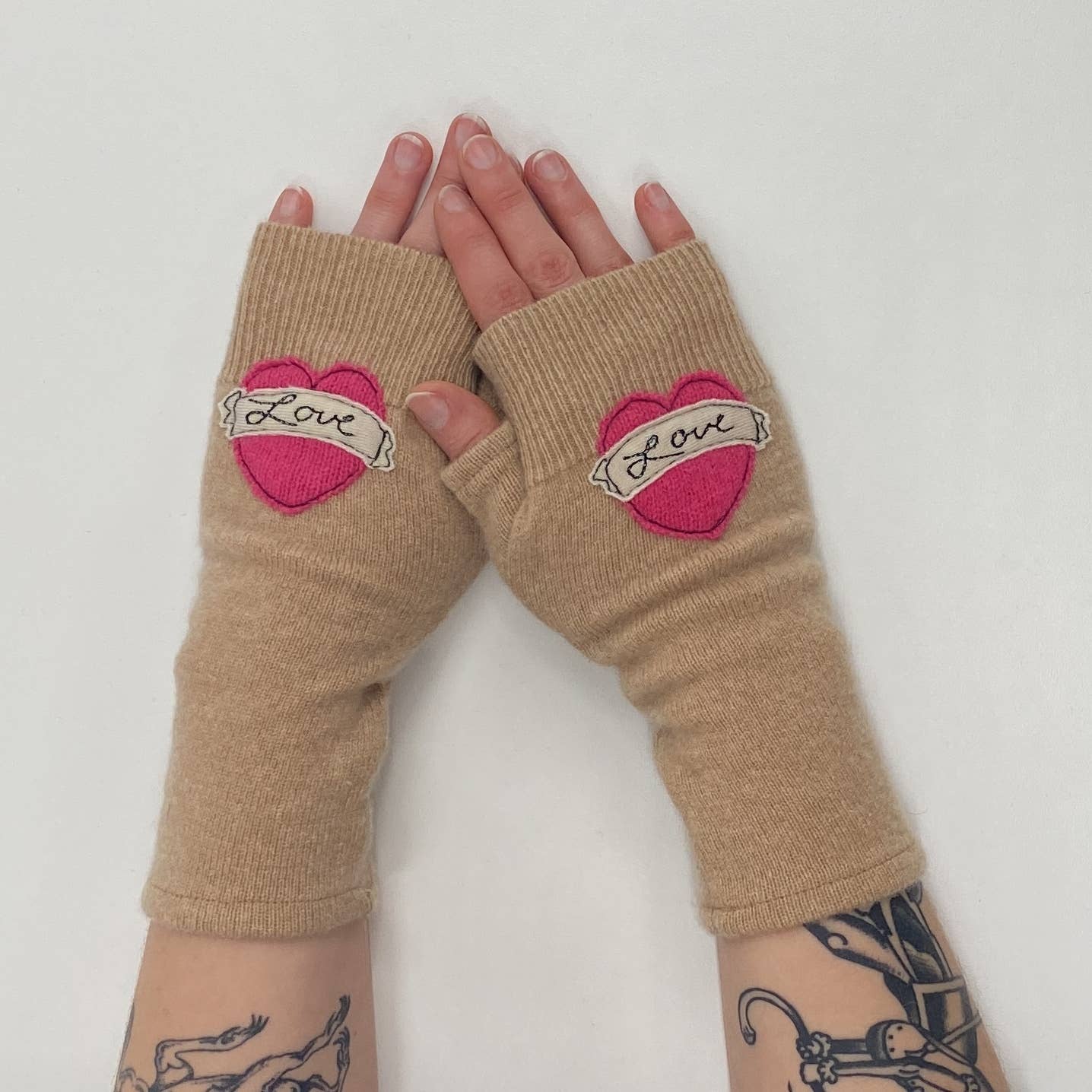 Fingerless Cashmere Gloves-Tattoo Heart Love: Red on Grey / One Size Fits Most