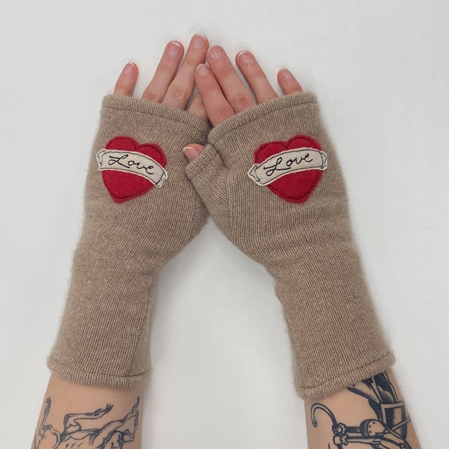 Fingerless Cashmere Gloves-Tattoo Heart Love: Red on Black / One Size Fits Most